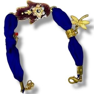Sold Hamsa enameled silk bracelet with gold beads charms 8” new original box